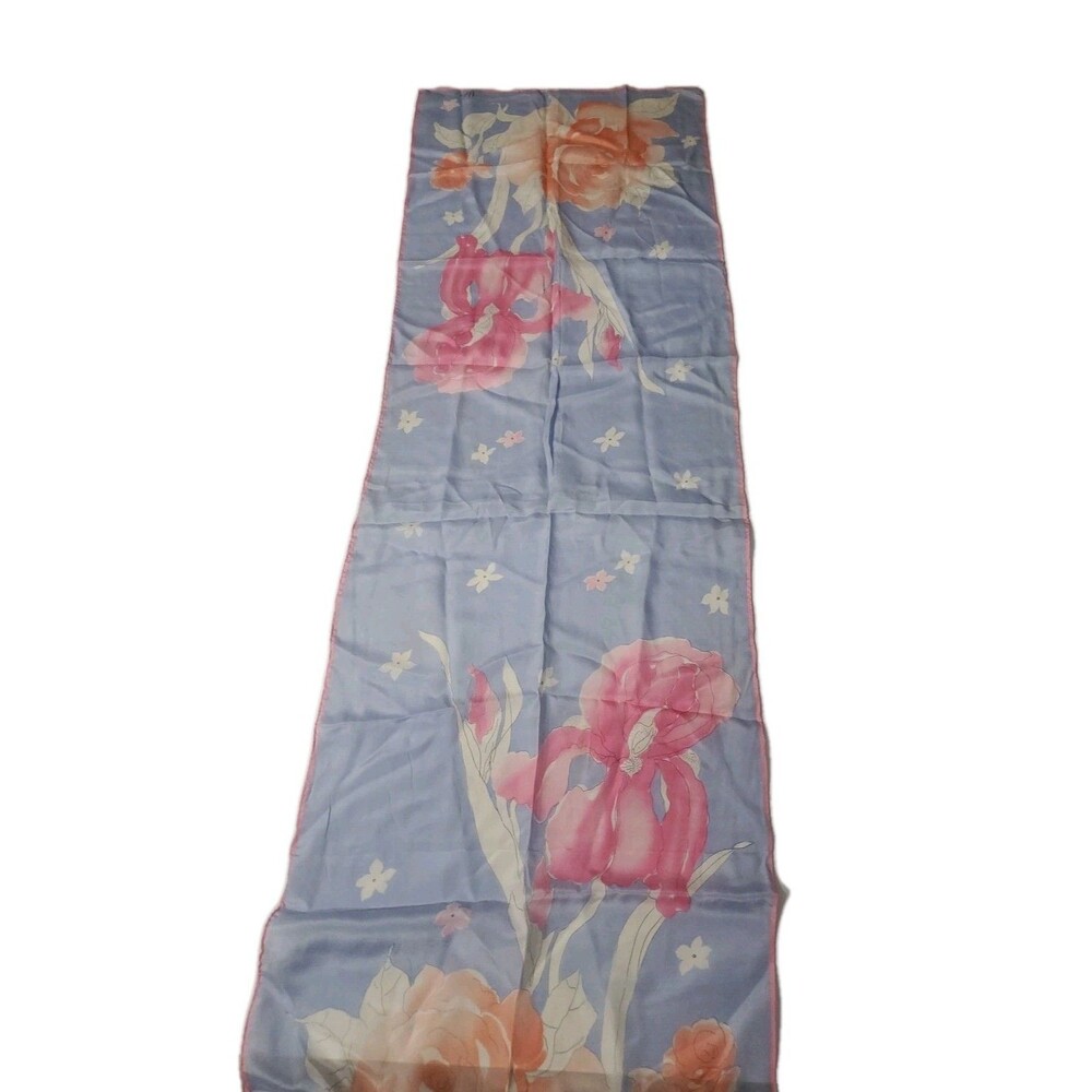 Vintage Prima Vera Silk Rectangular Floral Blue Scarf Accessory Wrap 15"x51"